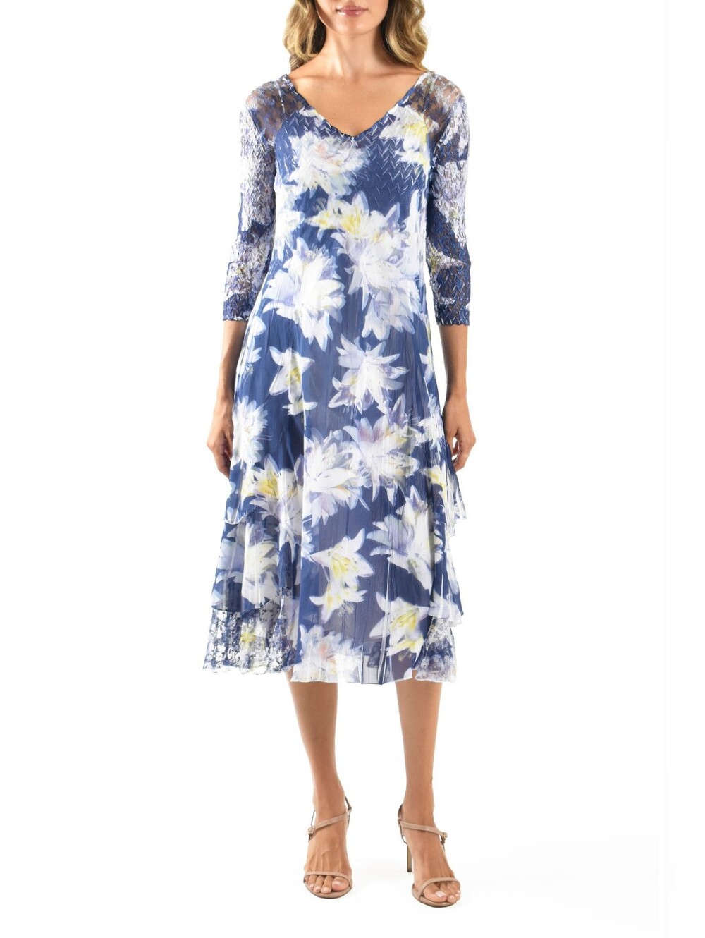 Komarov Lace Sleeve Charmeuse & Chiffon Blue Floral Evening Cocktail Dress PXL - Picture 13 of 14